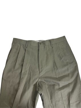 Preswick & Moore Mens Sz 36x34 Sage Taupe Linen Pleated Cuffed Pants Olive Khaki